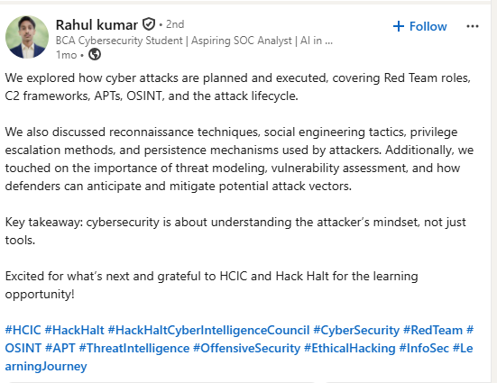 Cybersecurity Intern Feedback Testimonial